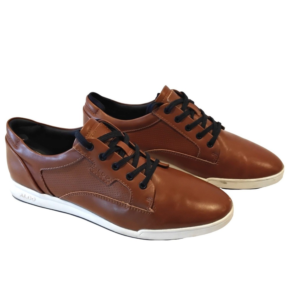 Aldo Mens Low Top Sneakers Brown Faux Leather Perforated Casual Shoes Size 9.5